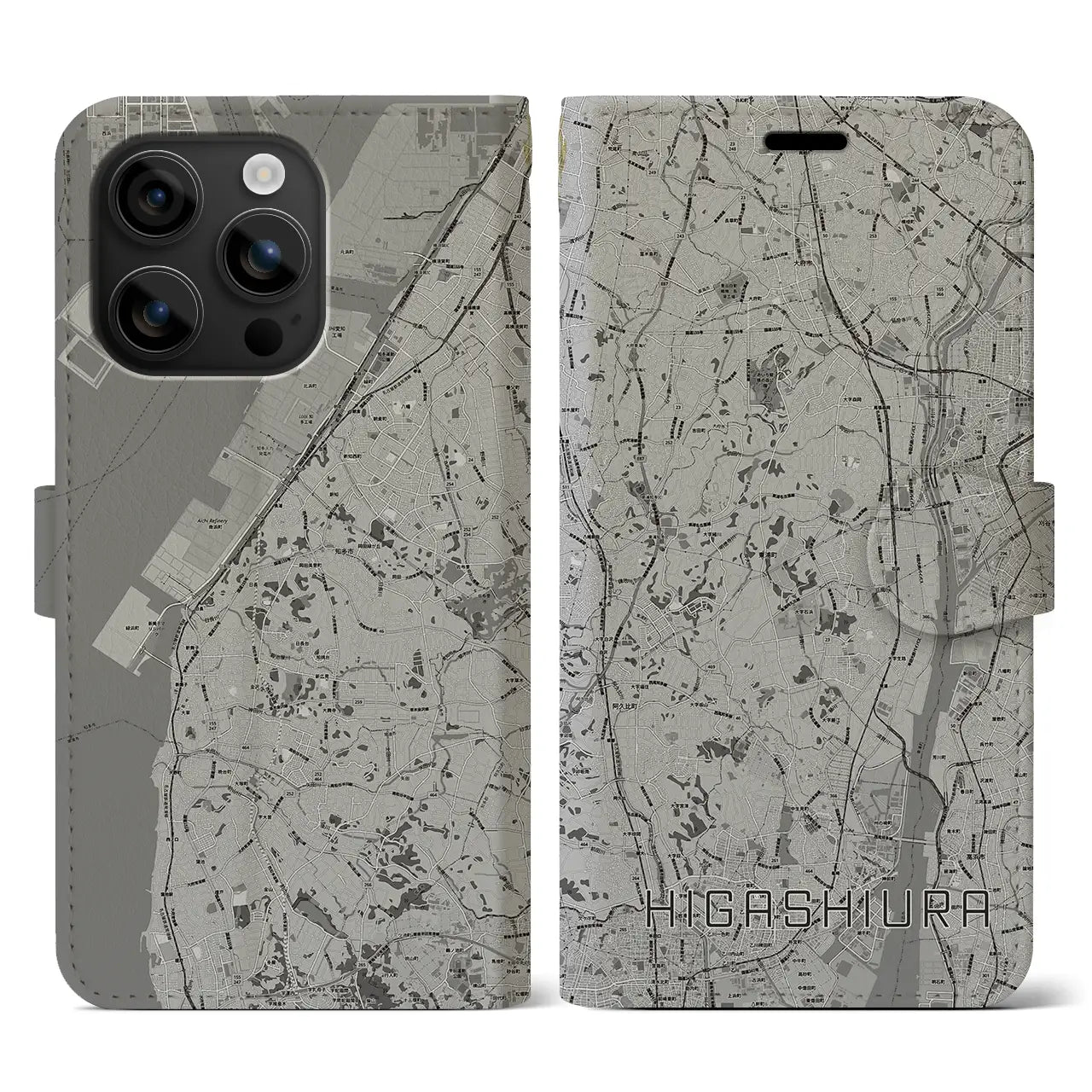 【東浦(愛知県)】地図柄iPhoneケース(手帳タイプ)モノトーン・iPhone 16 用