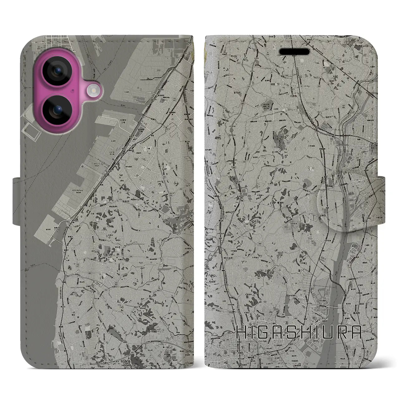 【東浦(愛知県)】地図柄iPhoneケース(手帳タイプ)モノトーン・iPhone 16 Pro 用