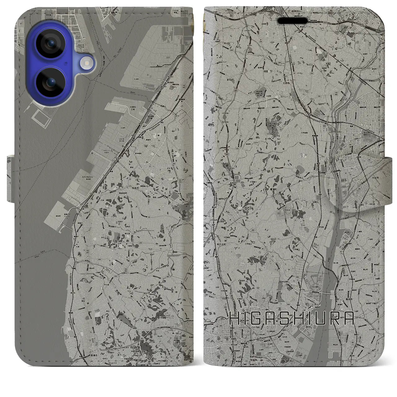 【東浦(愛知県)】地図柄iPhoneケース(手帳タイプ)モノトーン・iPhone 16 Pro Max 用