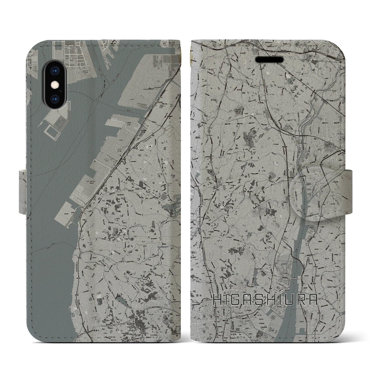 【東浦(愛知県)】地図柄iPhoneケース(手帳タイプ)モノトーン・iPhone XS / X 用