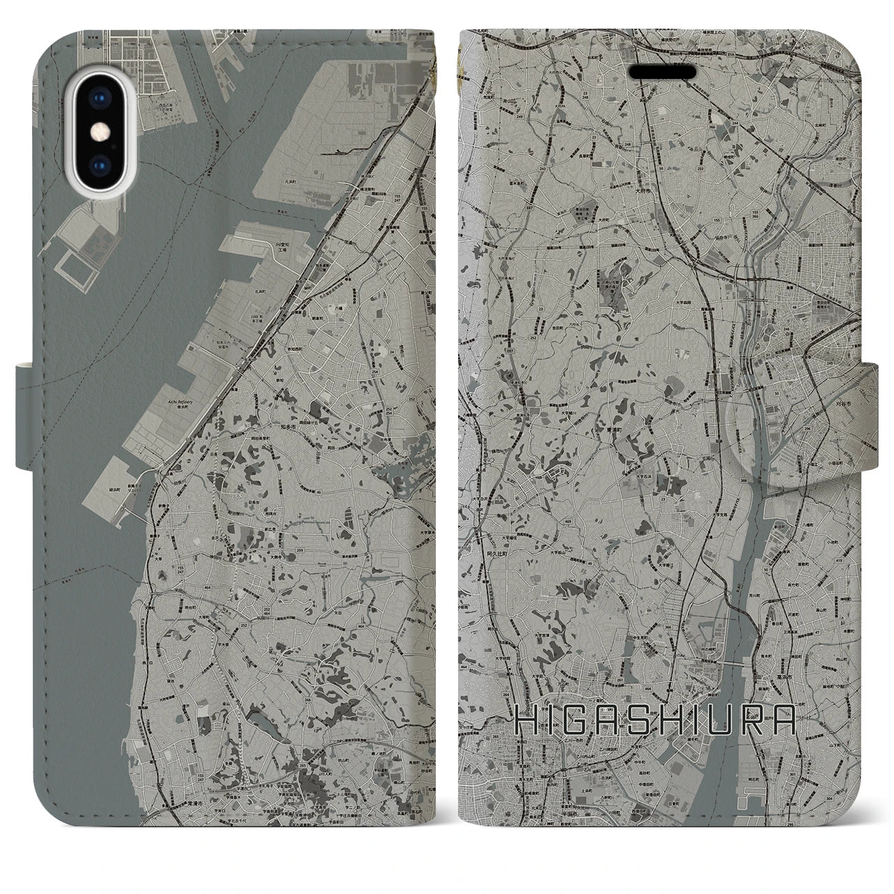 【東浦(愛知県)】地図柄iPhoneケース(手帳タイプ)モノトーン・iPhone XS Max 用