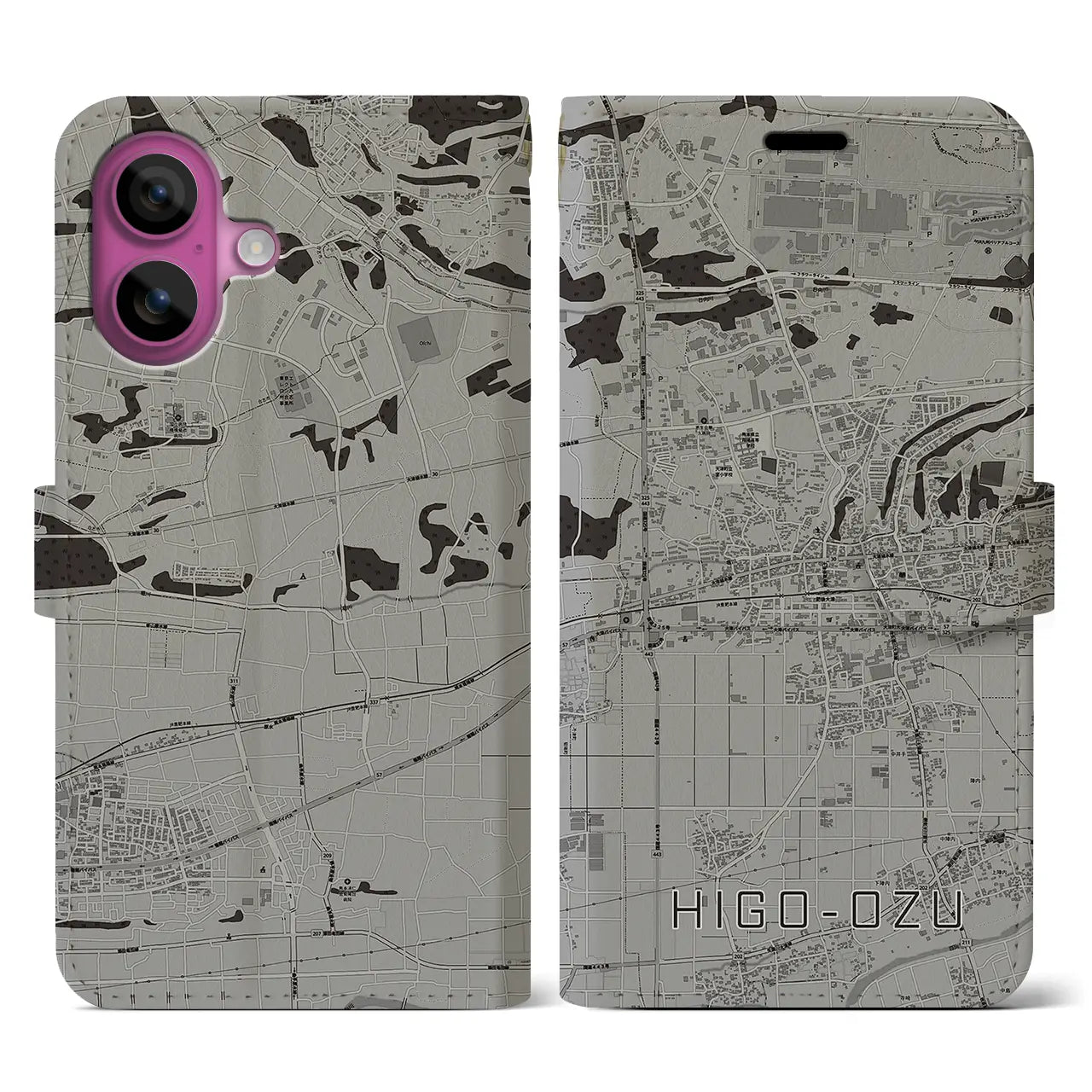 【肥後大津(熊本県)】地図柄iPhoneケース(手帳タイプ)モノトーン・iPhone 16 Pro 用