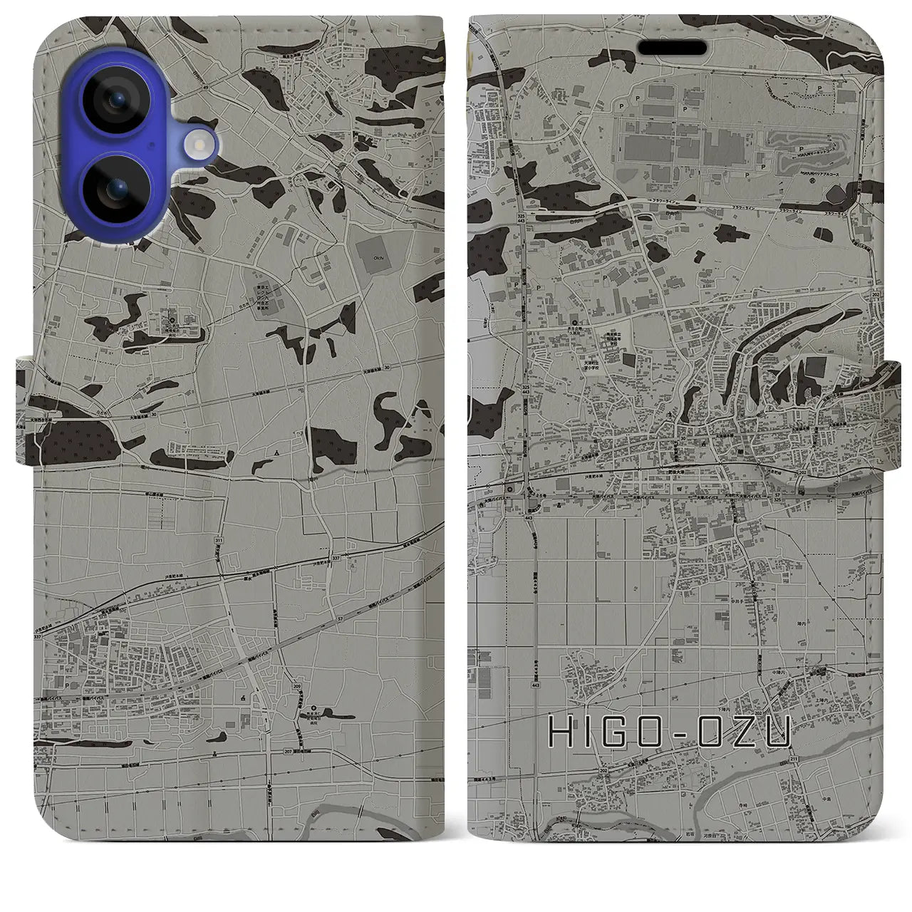 【肥後大津(熊本県)】地図柄iPhoneケース(手帳タイプ)モノトーン・iPhone 16 Pro Max 用