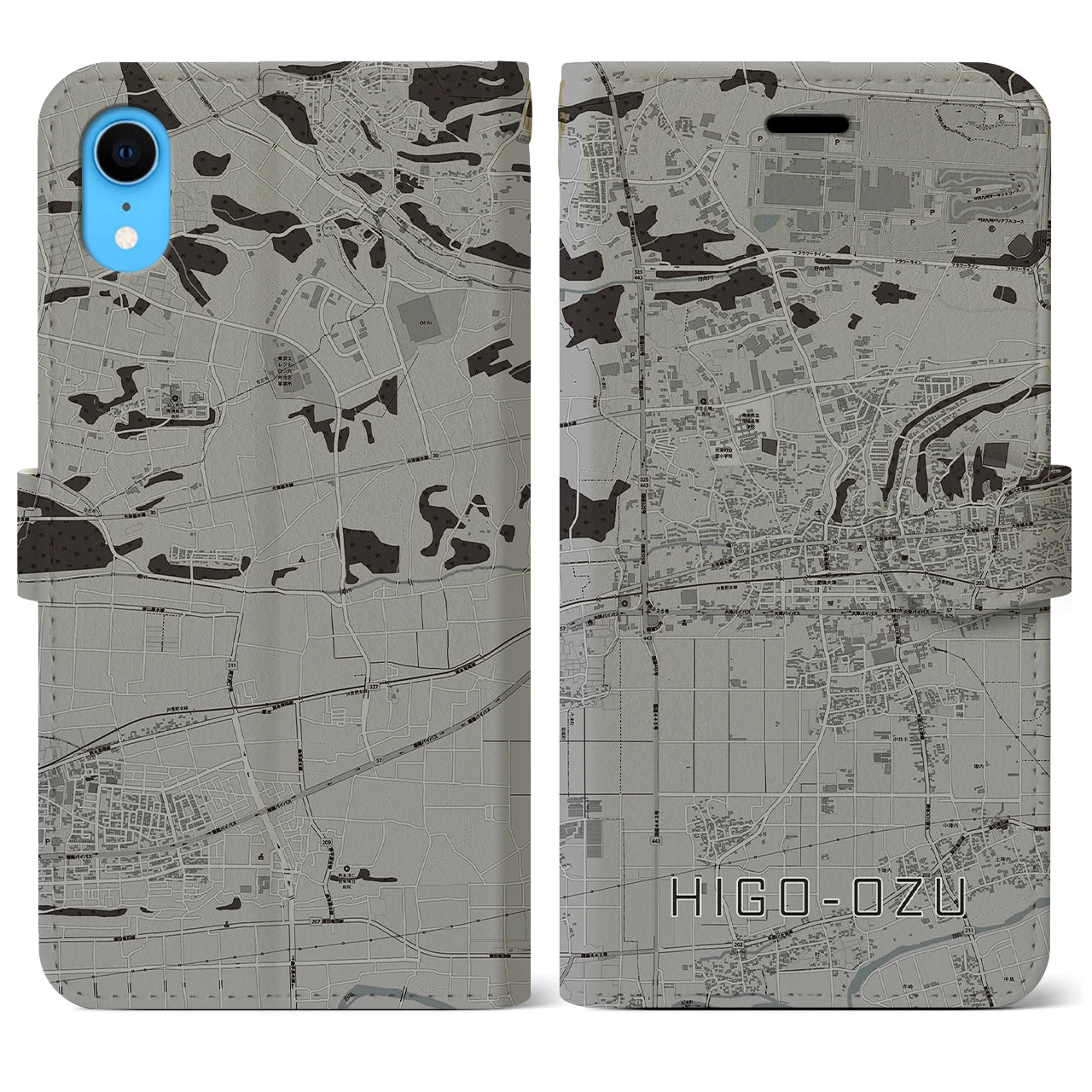 【肥後大津(熊本県)】地図柄iPhoneケース(手帳タイプ)モノトーン・iPhone XR 用