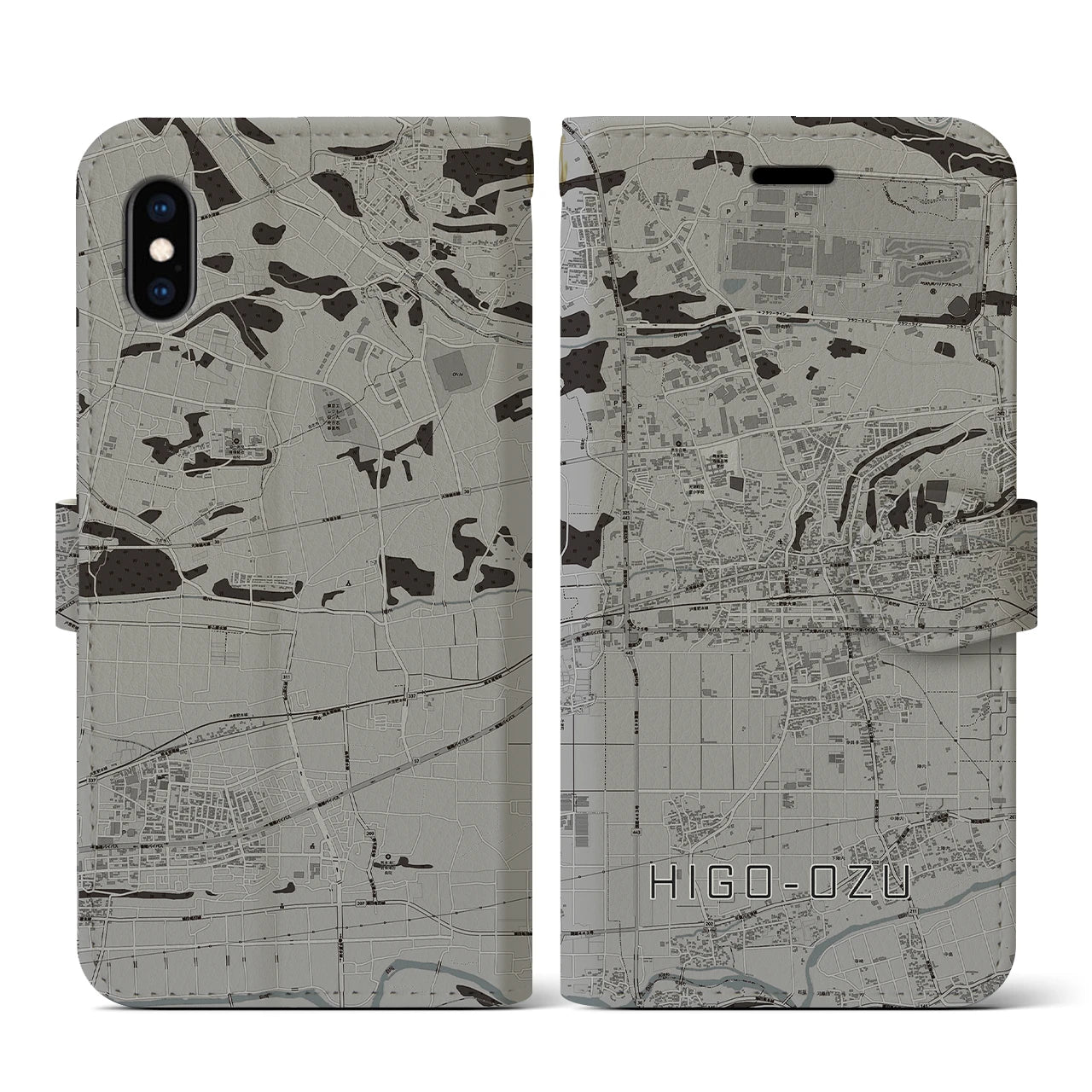 【肥後大津(熊本県)】地図柄iPhoneケース(手帳タイプ)モノトーン・iPhone XS / X 用