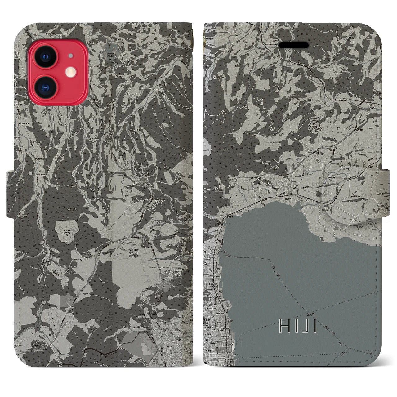 【日出(大分県)】地図柄iPhoneケース(手帳タイプ)モノトーン・iPhone 11 用