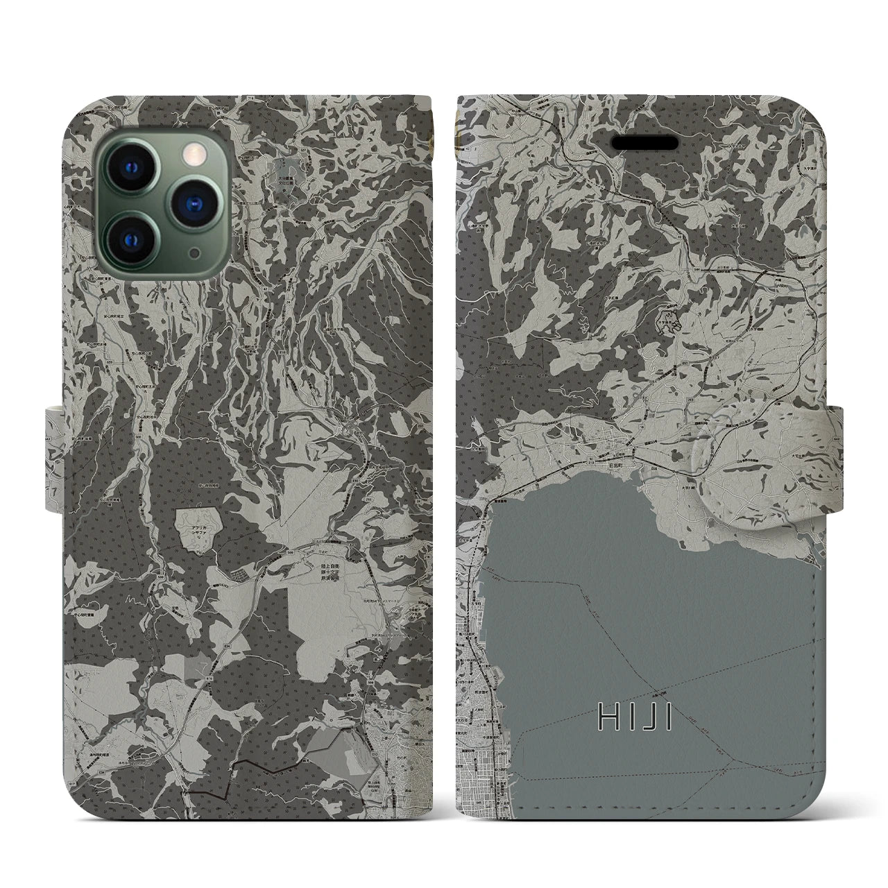 【日出(大分県)】地図柄iPhoneケース(手帳タイプ)モノトーン・iPhone 11 Pro 用