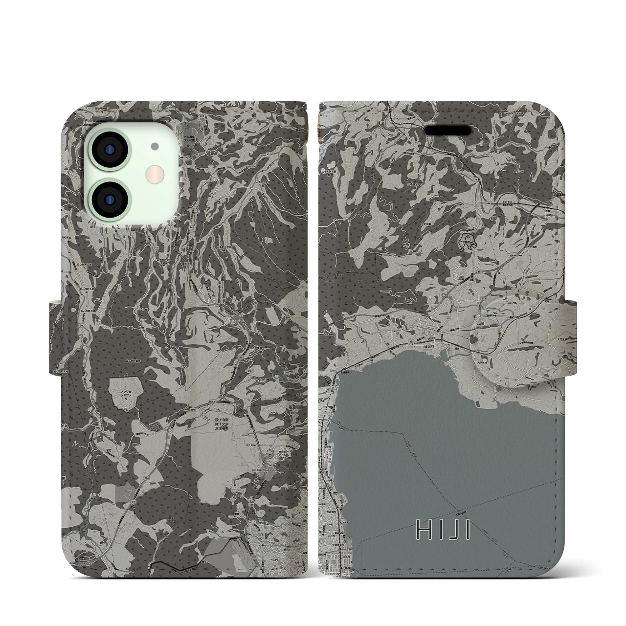 【日出(大分県)】地図柄iPhoneケース(手帳タイプ)モノトーン・iPhone 12 mini 用