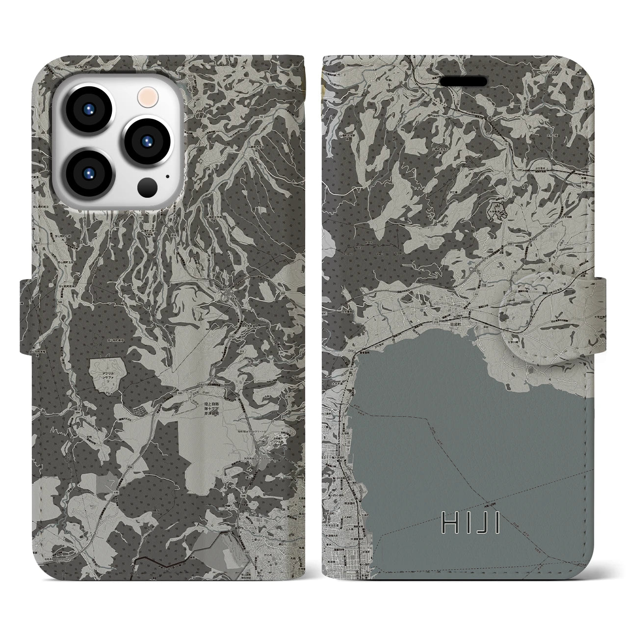 【日出(大分県)】地図柄iPhoneケース(手帳タイプ)モノトーン・iPhone 13 Pro 用