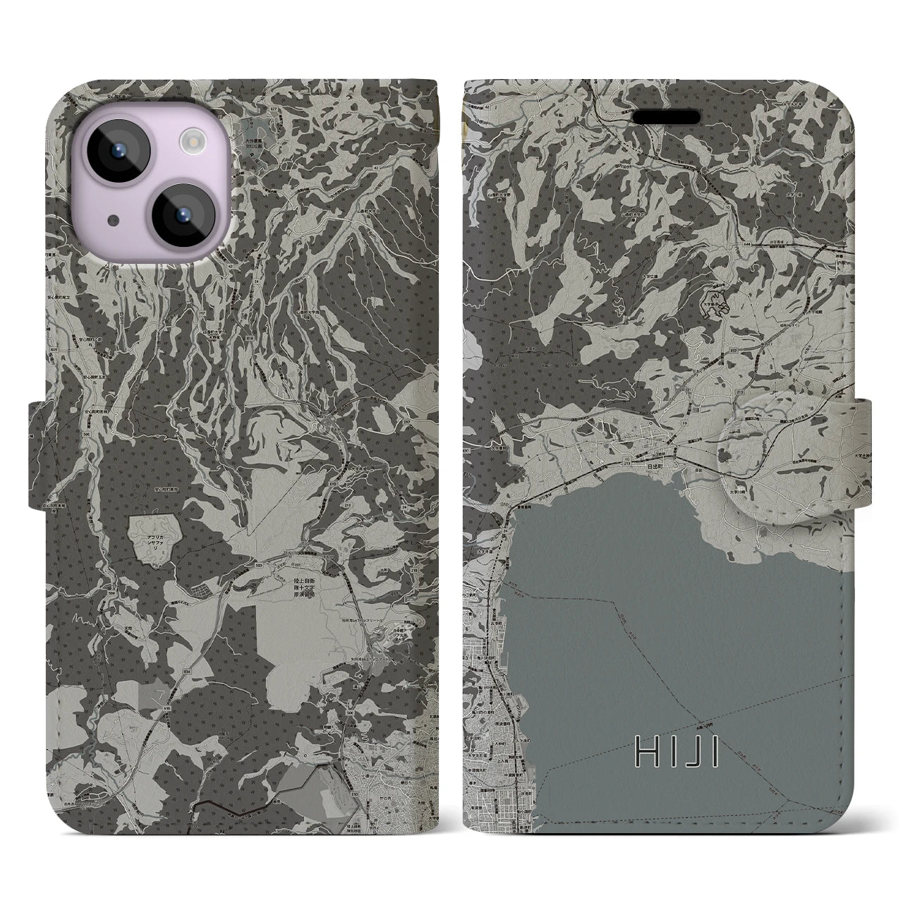 【日出(大分県)】地図柄iPhoneケース(手帳タイプ)モノトーン・iPhone 14 用