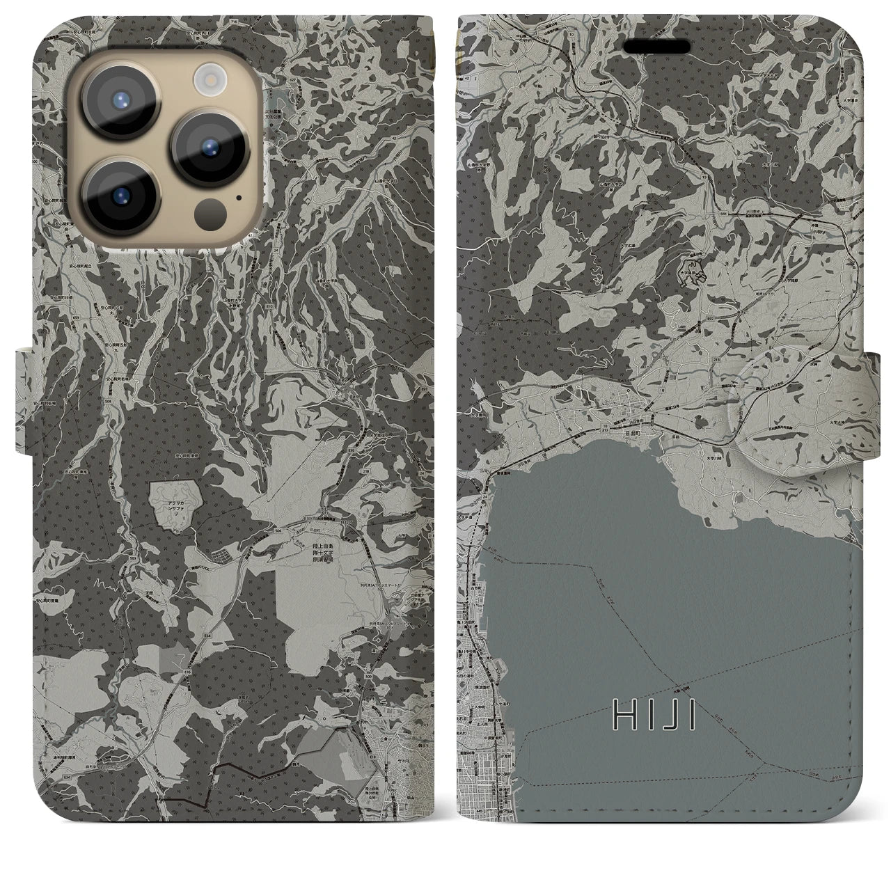 【日出(大分県)】地図柄iPhoneケース(手帳タイプ)モノトーン・iPhone 14 Pro Max 用