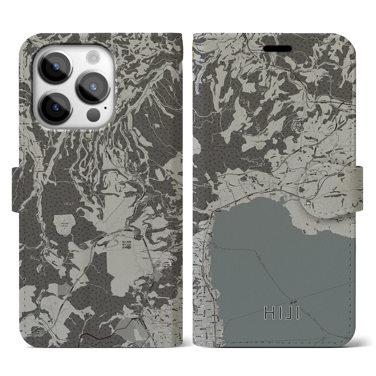 【日出(大分県)】地図柄iPhoneケース(手帳タイプ)モノトーン・iPhone 14 Pro 用