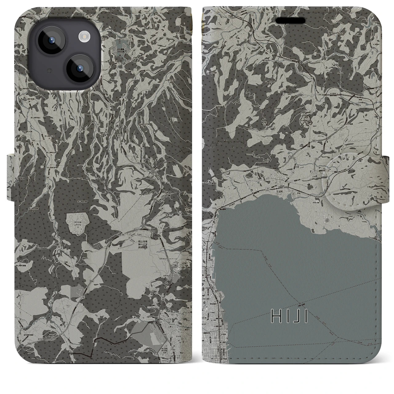 【日出(大分県)】地図柄iPhoneケース(手帳タイプ)モノトーン・iPhone 14 Plus 用