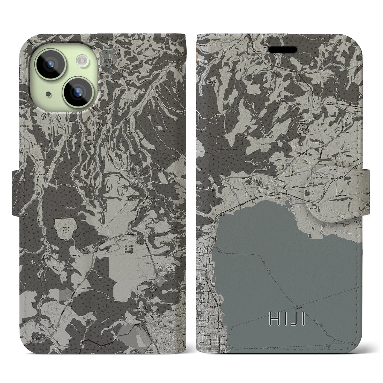 【日出(大分県)】地図柄iPhoneケース(手帳タイプ)モノトーン・iPhone 15 用