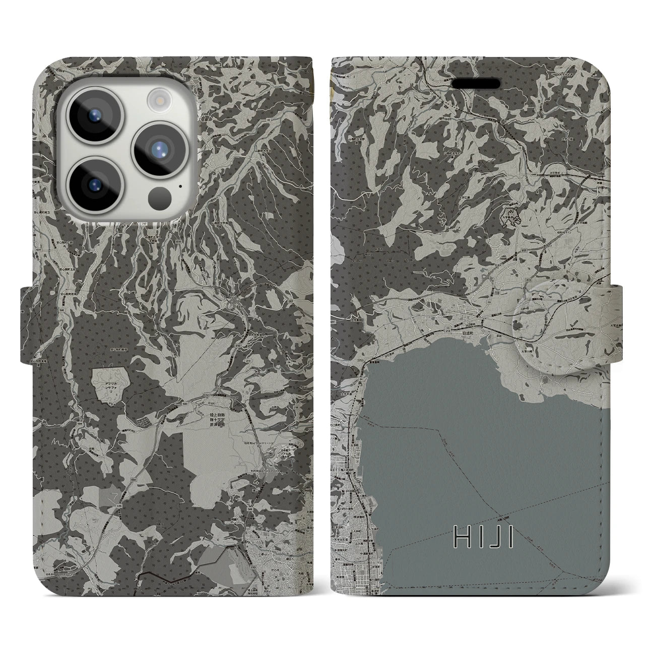 【日出(大分県)】地図柄iPhoneケース(手帳タイプ)モノトーン・iPhone 15 Pro 用