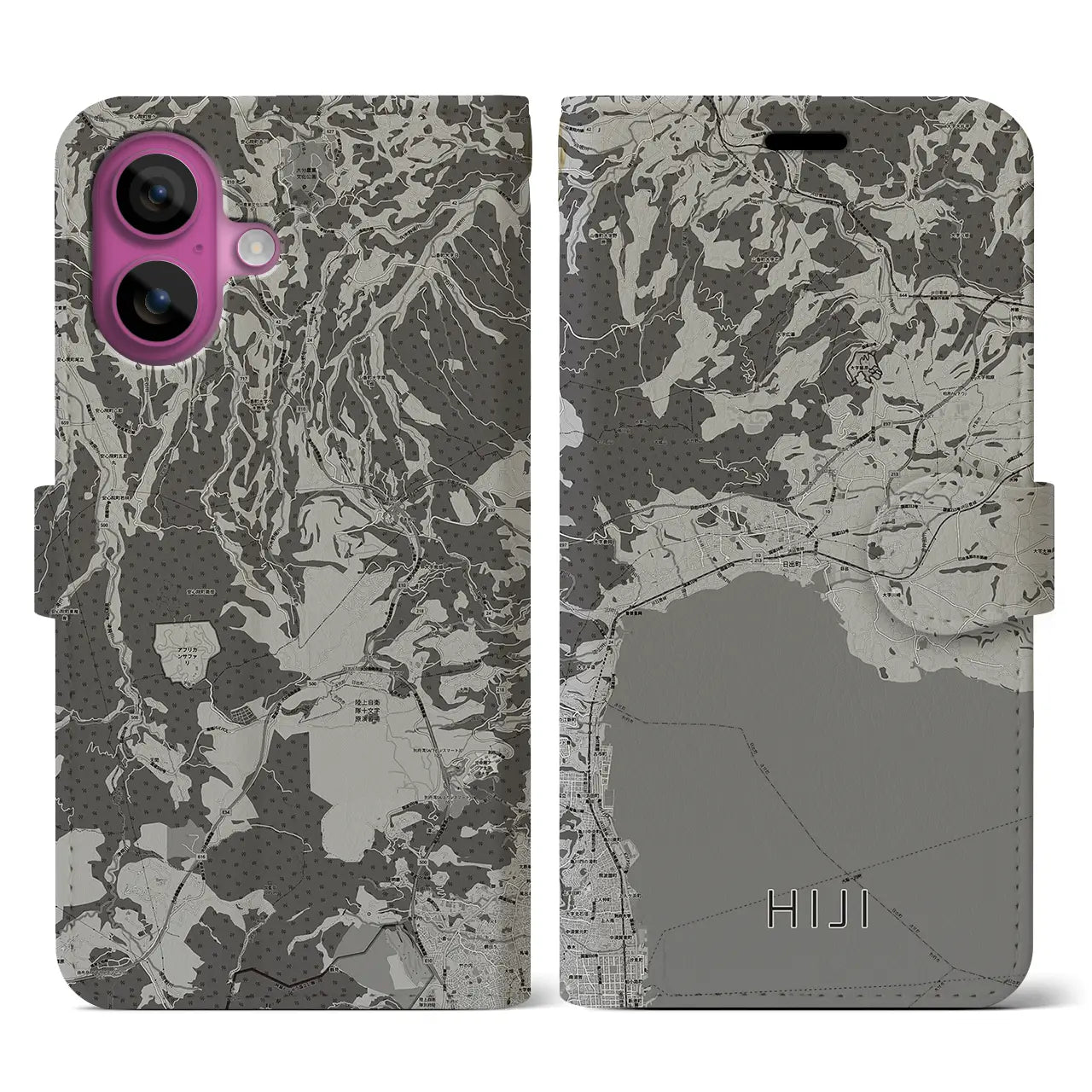 【日出(大分県)】地図柄iPhoneケース(手帳タイプ)モノトーン・iPhone 16 Pro 用