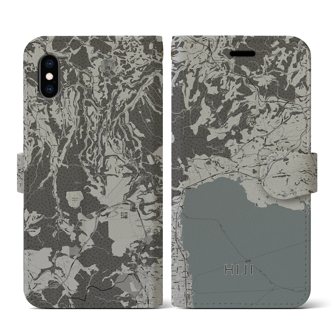 【日出(大分県)】地図柄iPhoneケース(手帳タイプ)モノトーン・iPhone XS / X 用