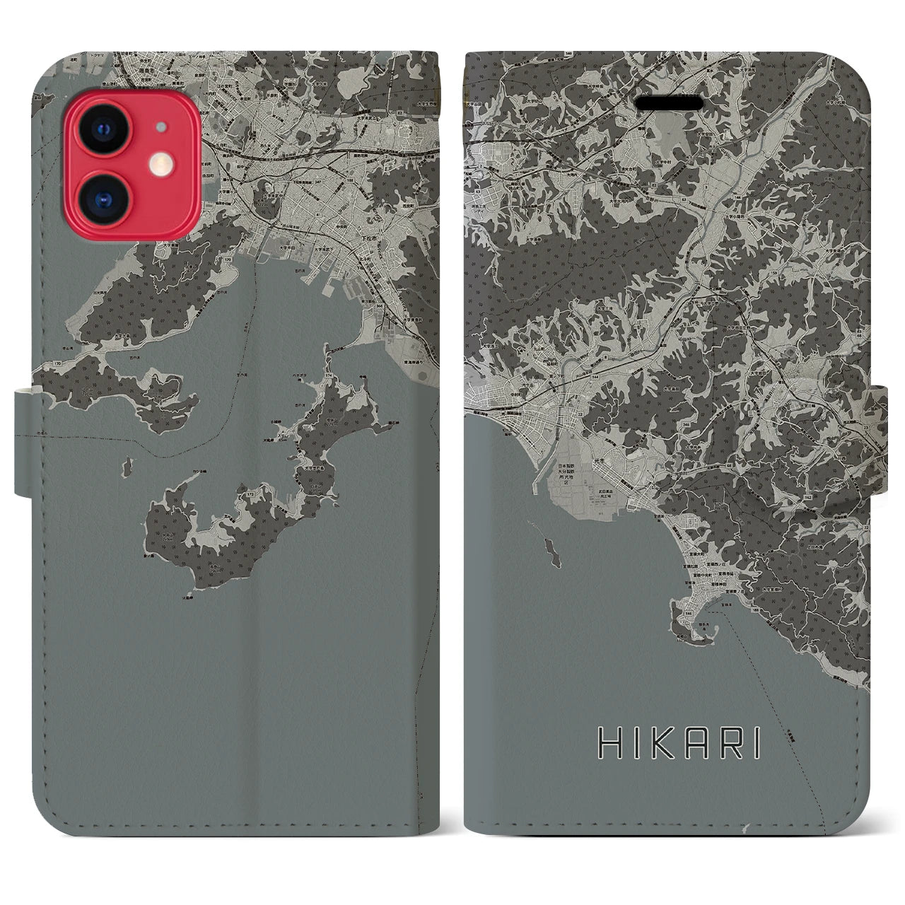 【光(山口県)】地図柄iPhoneケース(手帳タイプ)モノトーン・iPhone 11 用