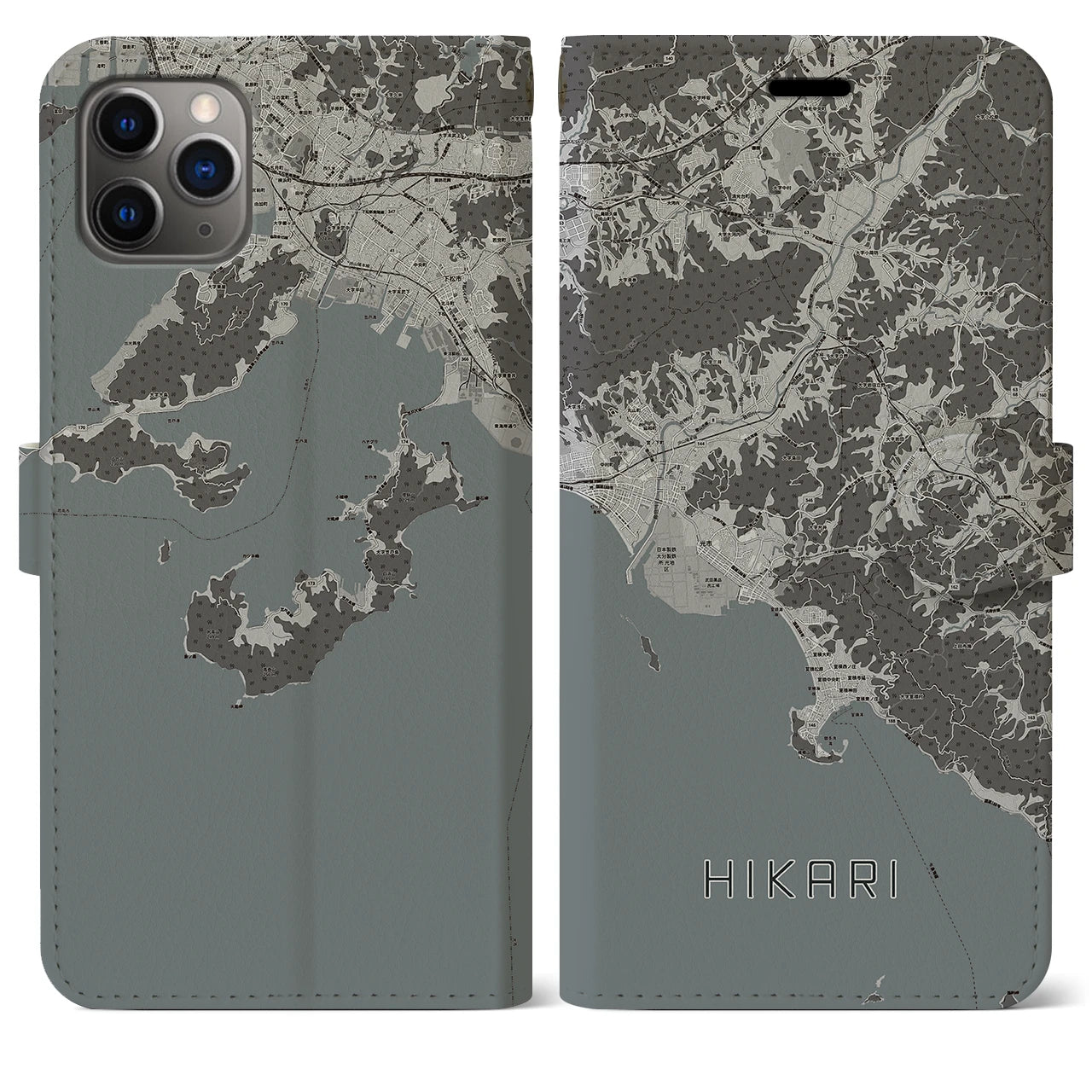 【光(山口県)】地図柄iPhoneケース(手帳タイプ)モノトーン・iPhone 11 Pro Max 用