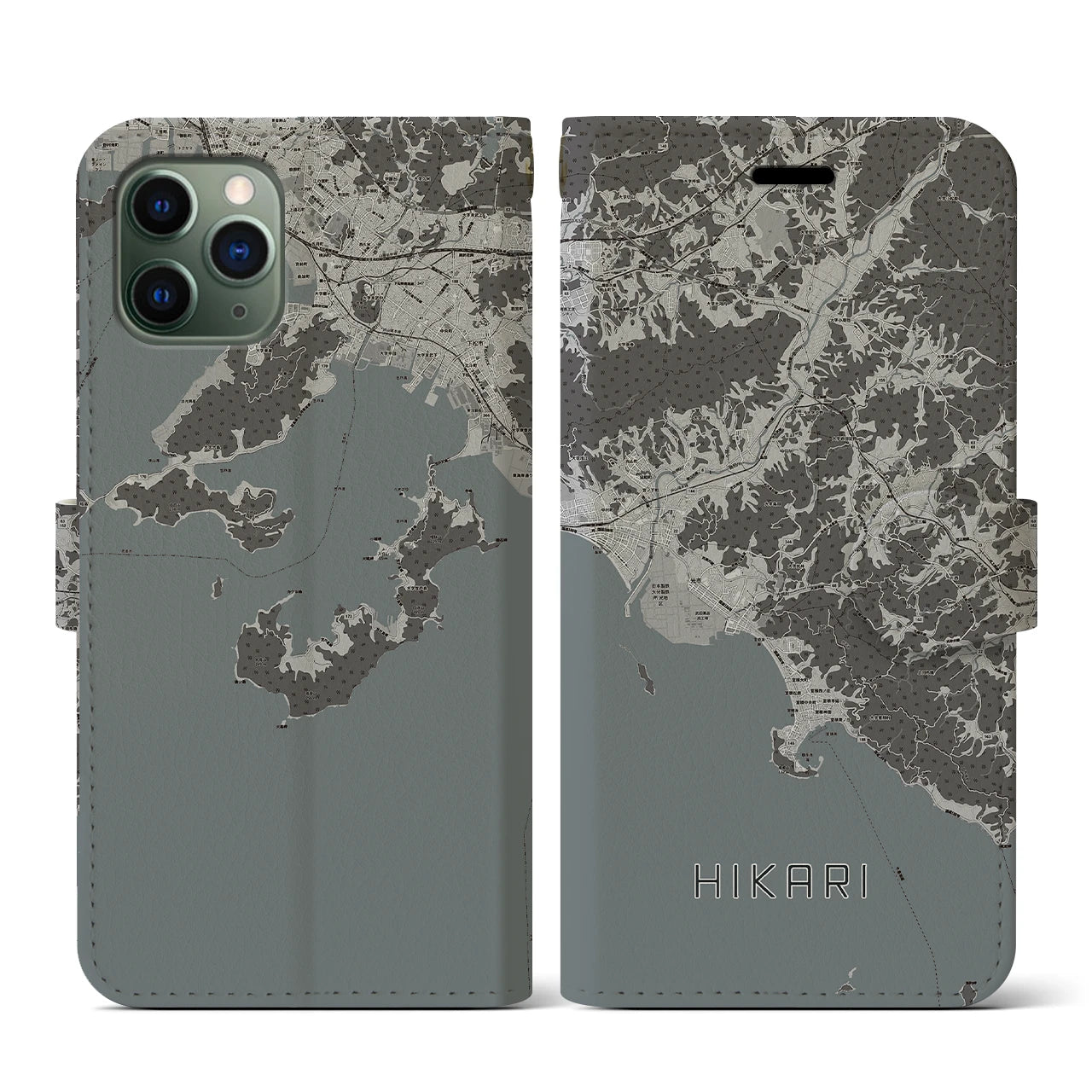【光(山口県)】地図柄iPhoneケース(手帳タイプ)モノトーン・iPhone 11 Pro 用