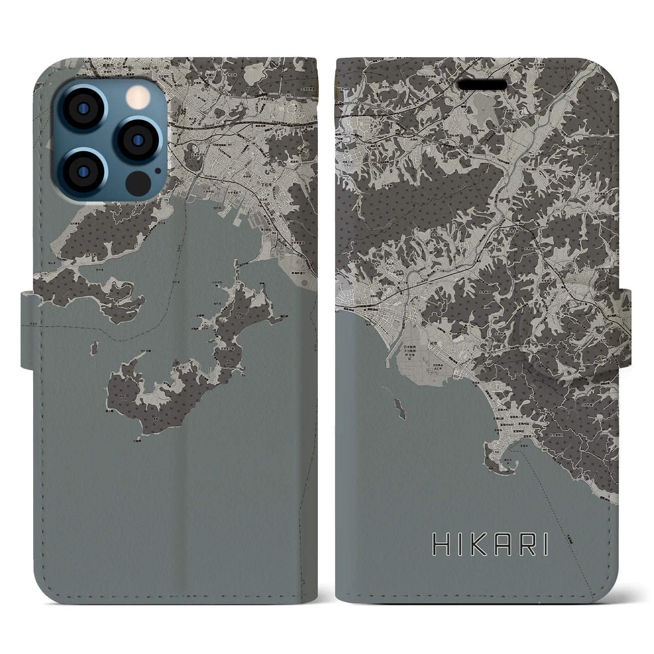 【光(山口県)】地図柄iPhoneケース(手帳タイプ)モノトーン・iPhone 12 / 12 Pro 用