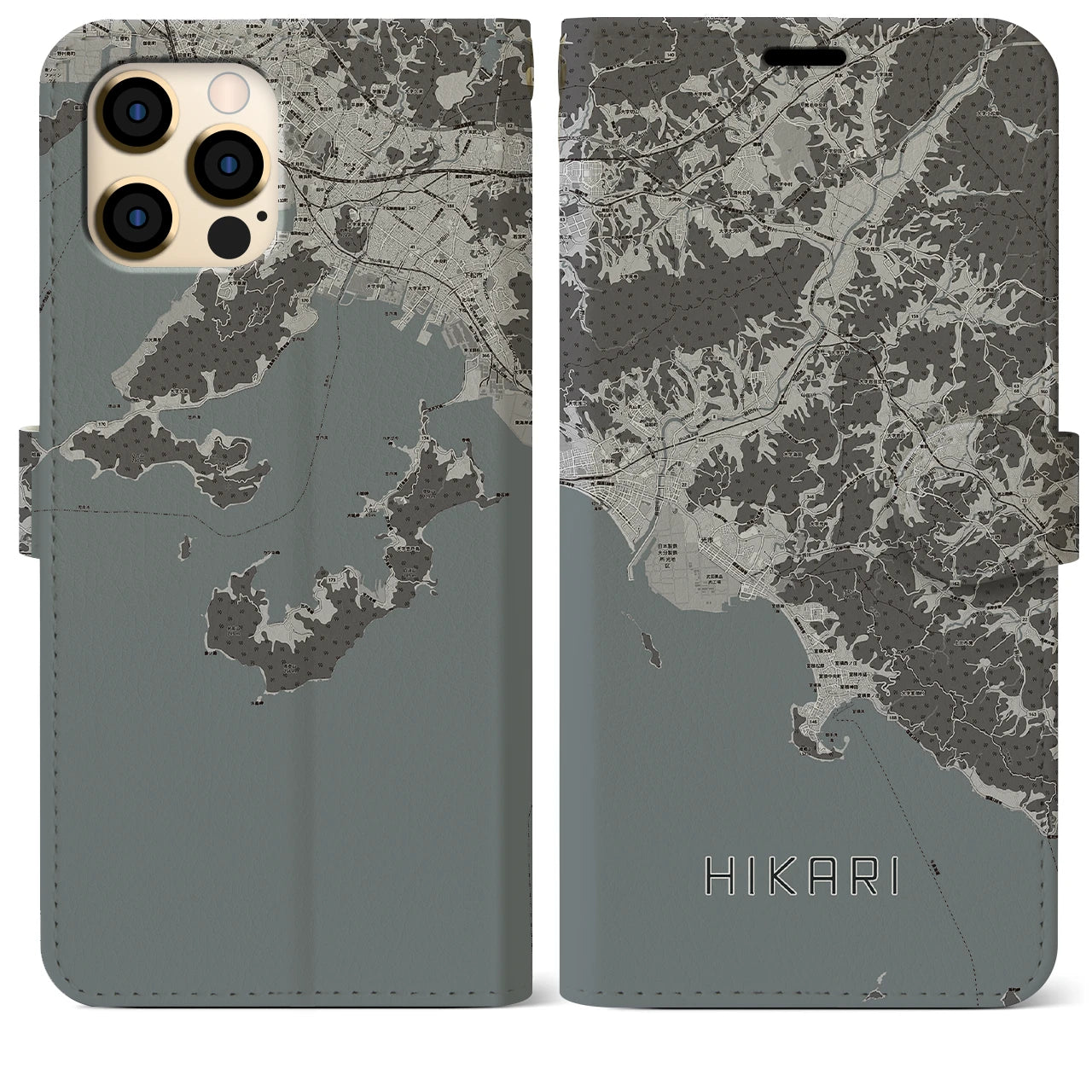 【光(山口県)】地図柄iPhoneケース(手帳タイプ)モノトーン・iPhone 12 Pro Max 用