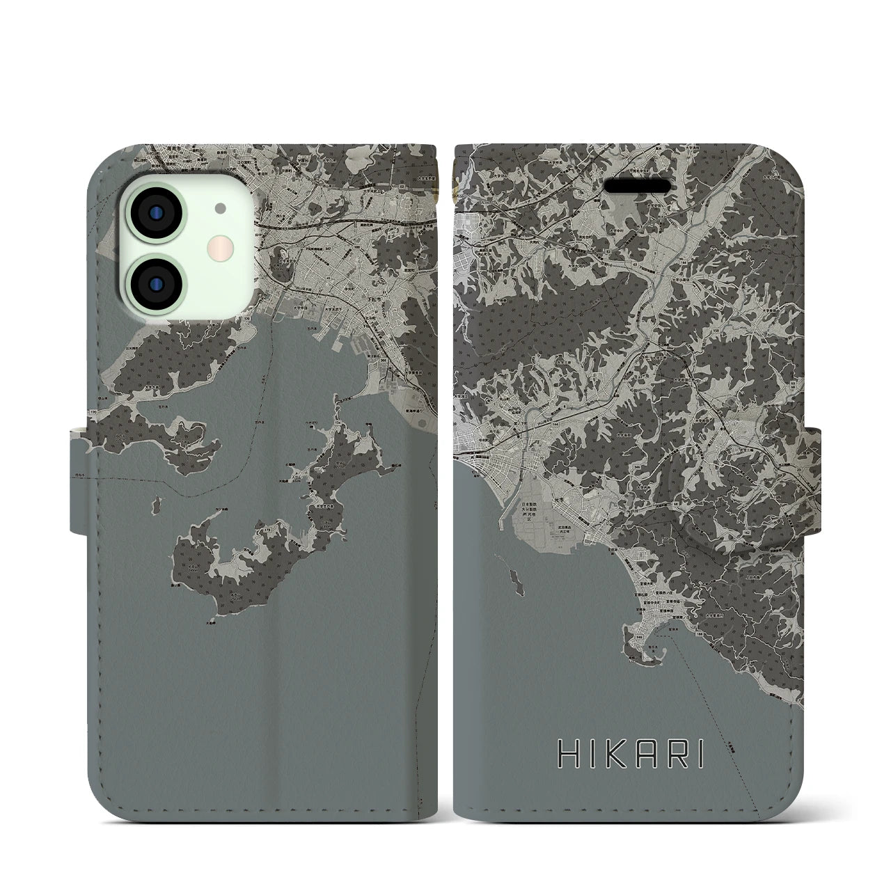 【光(山口県)】地図柄iPhoneケース(手帳タイプ)モノトーン・iPhone 12 mini 用
