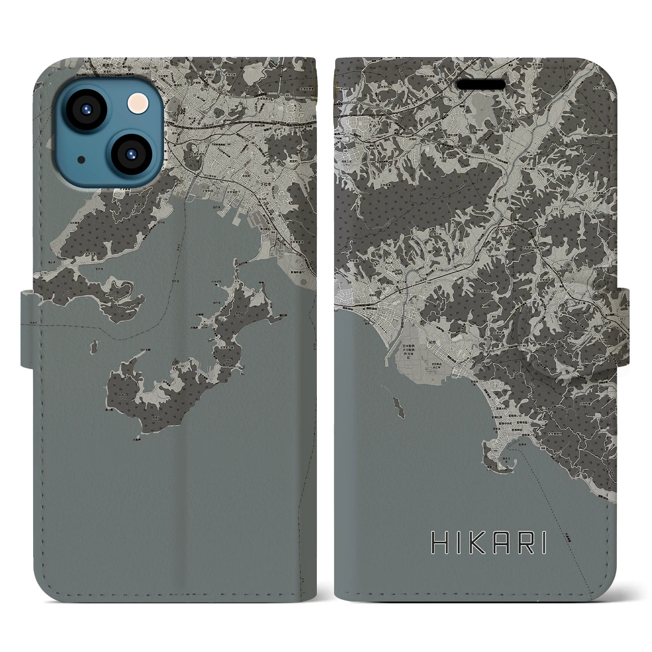 【光(山口県)】地図柄iPhoneケース(手帳タイプ)モノトーン・iPhone 13 用