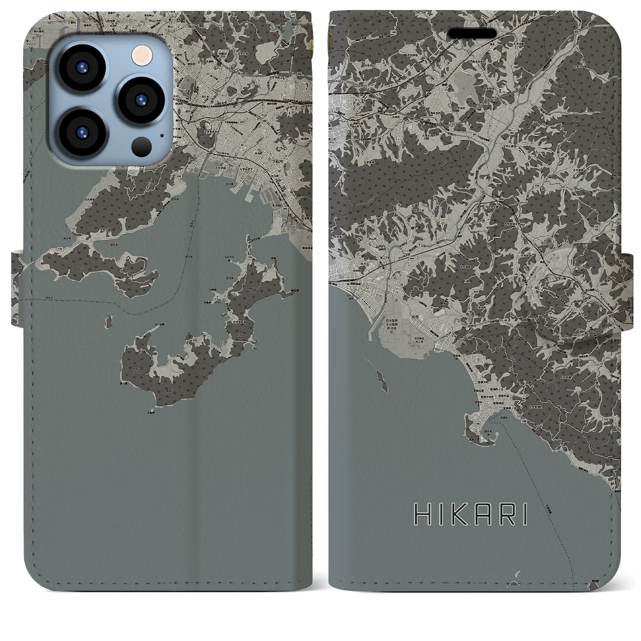 【光(山口県)】地図柄iPhoneケース(手帳タイプ)モノトーン・iPhone 13 Pro Max 用