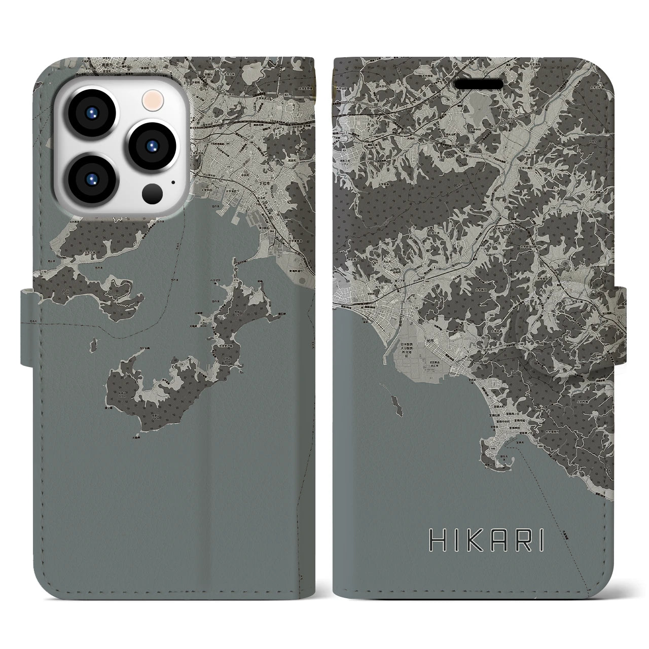 【光(山口県)】地図柄iPhoneケース(手帳タイプ)モノトーン・iPhone 13 Pro 用