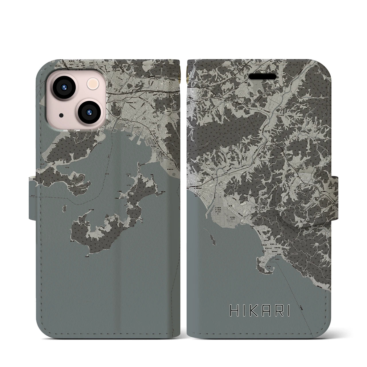 【光(山口県)】地図柄iPhoneケース(手帳タイプ)モノトーン・iPhone 13 mini 用