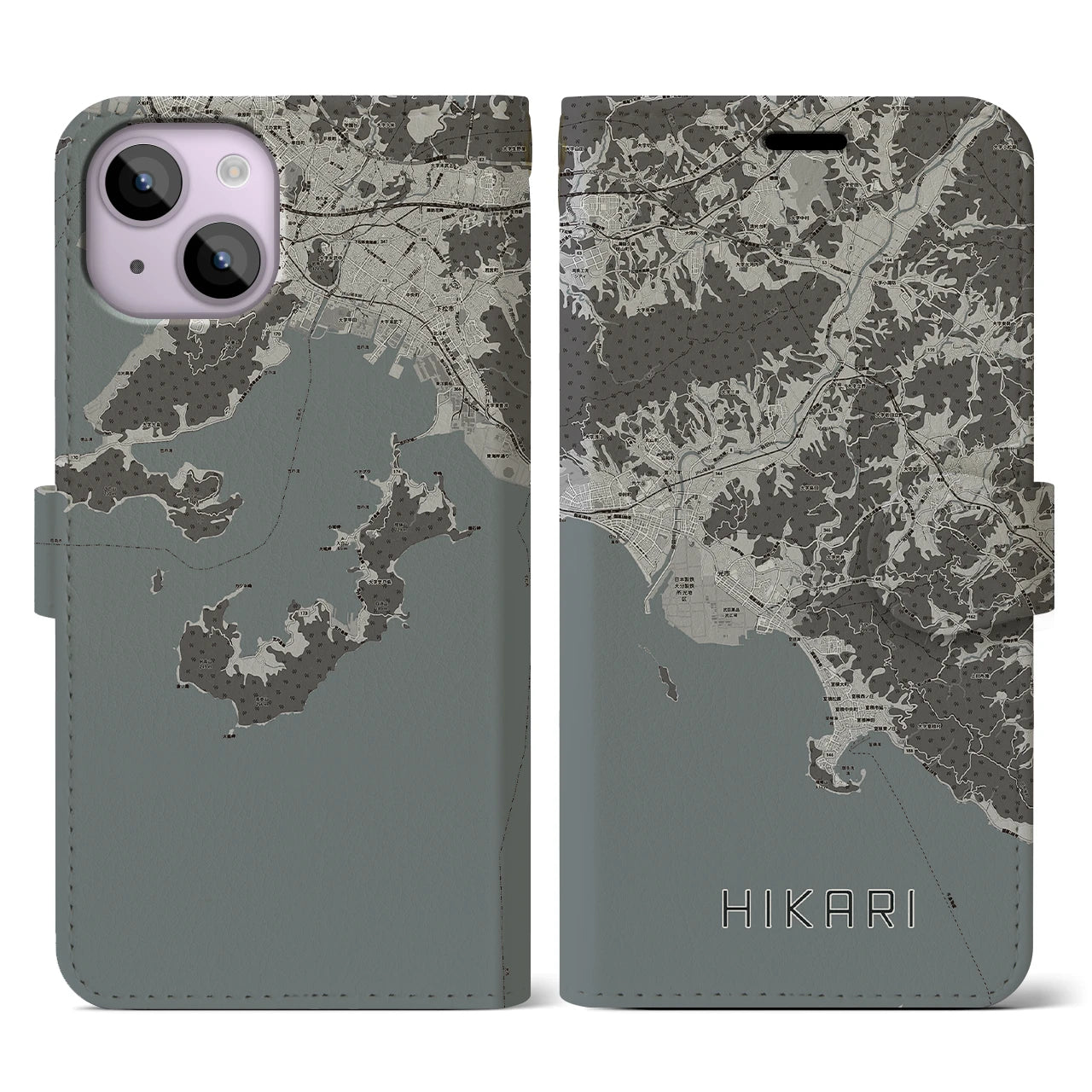 【光(山口県)】地図柄iPhoneケース(手帳タイプ)モノトーン・iPhone 14 用