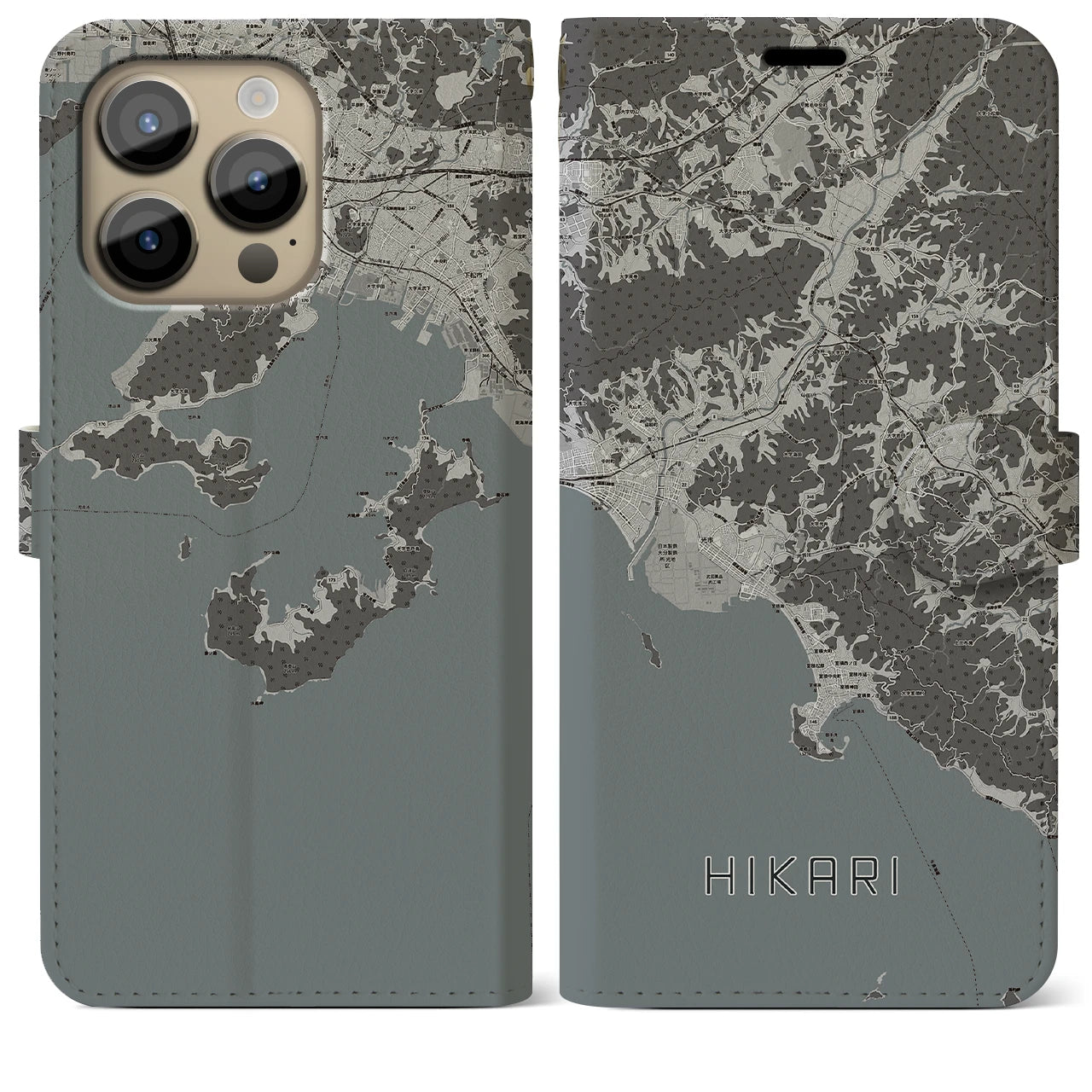 【光(山口県)】地図柄iPhoneケース(手帳タイプ)モノトーン・iPhone 14 Pro Max 用
