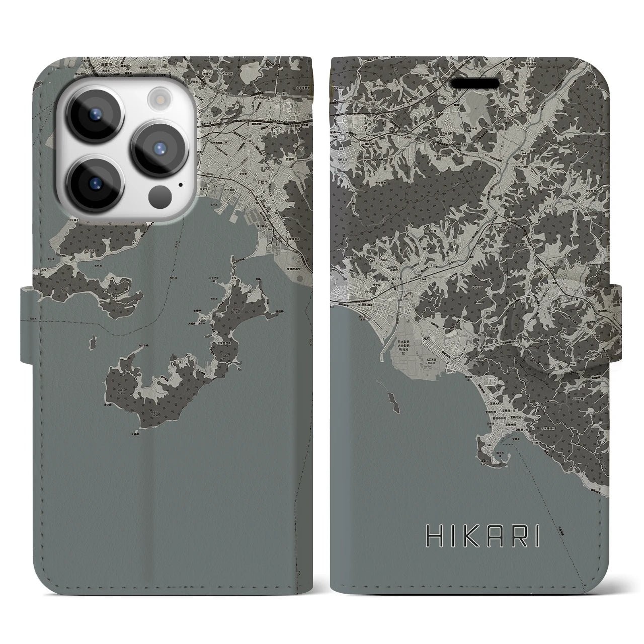 【光(山口県)】地図柄iPhoneケース(手帳タイプ)モノトーン・iPhone 14 Pro 用