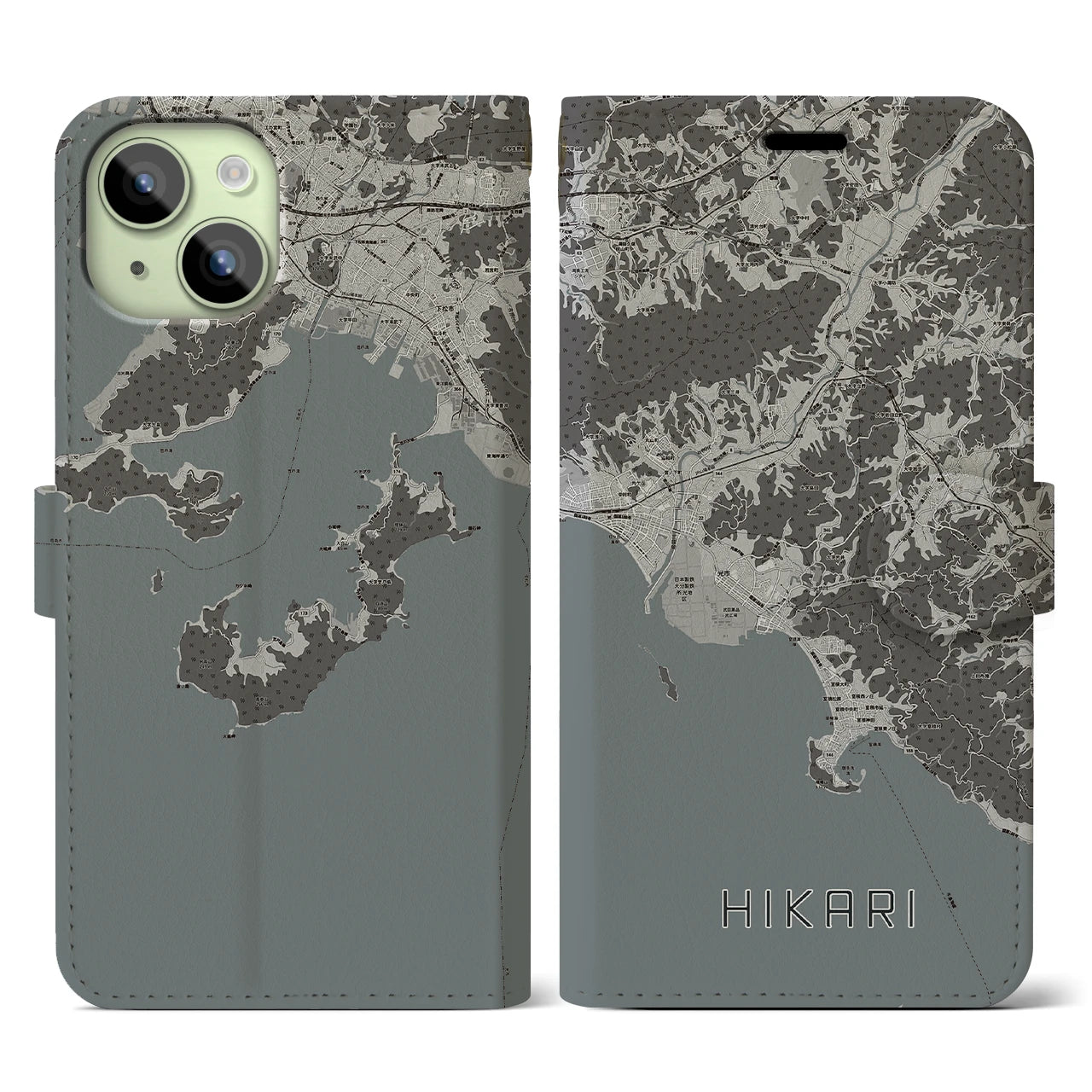 【光(山口県)】地図柄iPhoneケース(手帳タイプ)モノトーン・iPhone 15 用