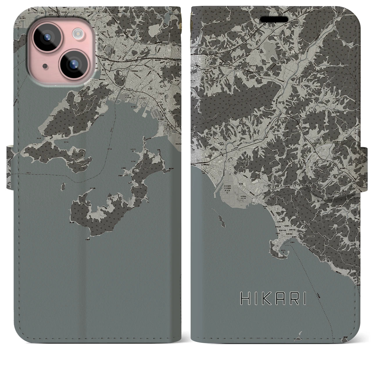 【光(山口県)】地図柄iPhoneケース(手帳タイプ)モノトーン・iPhone 15 Plus 用
