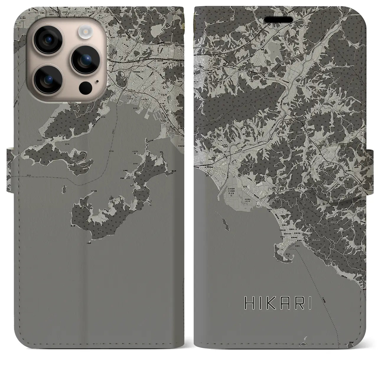 【光(山口県)】地図柄iPhoneケース(手帳タイプ)モノトーン・iPhone 16 Plus 用