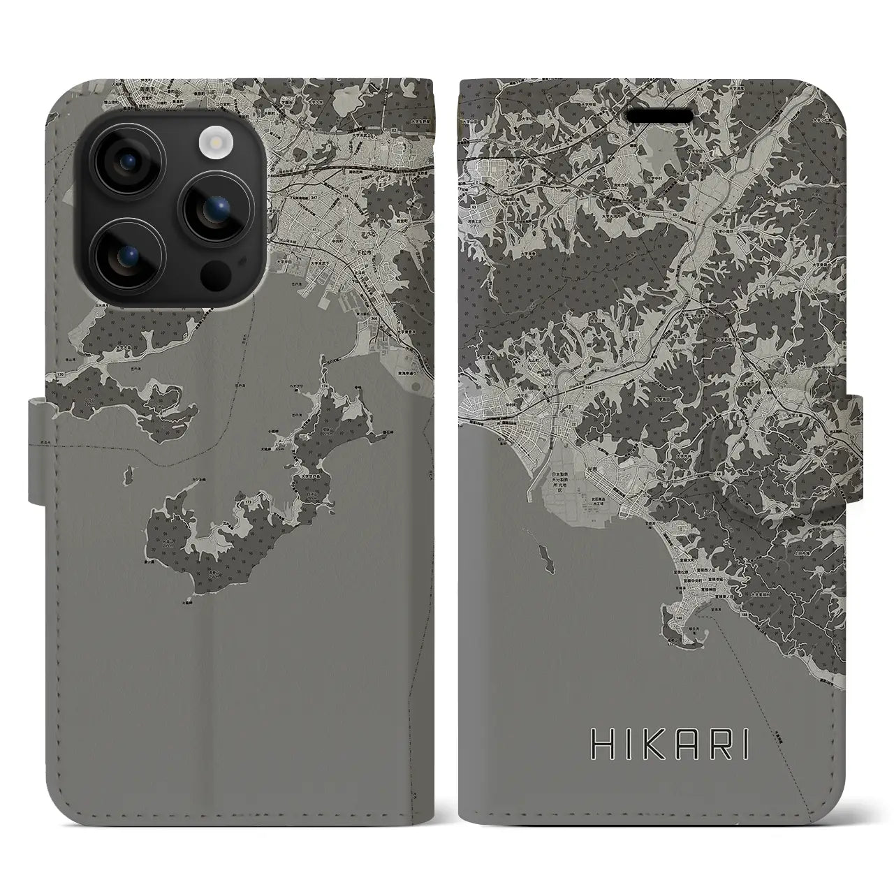 【光(山口県)】地図柄iPhoneケース(手帳タイプ)モノトーン・iPhone 16 用