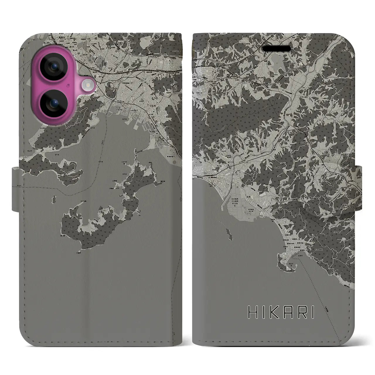 【光(山口県)】地図柄iPhoneケース(手帳タイプ)モノトーン・iPhone 16 Pro 用