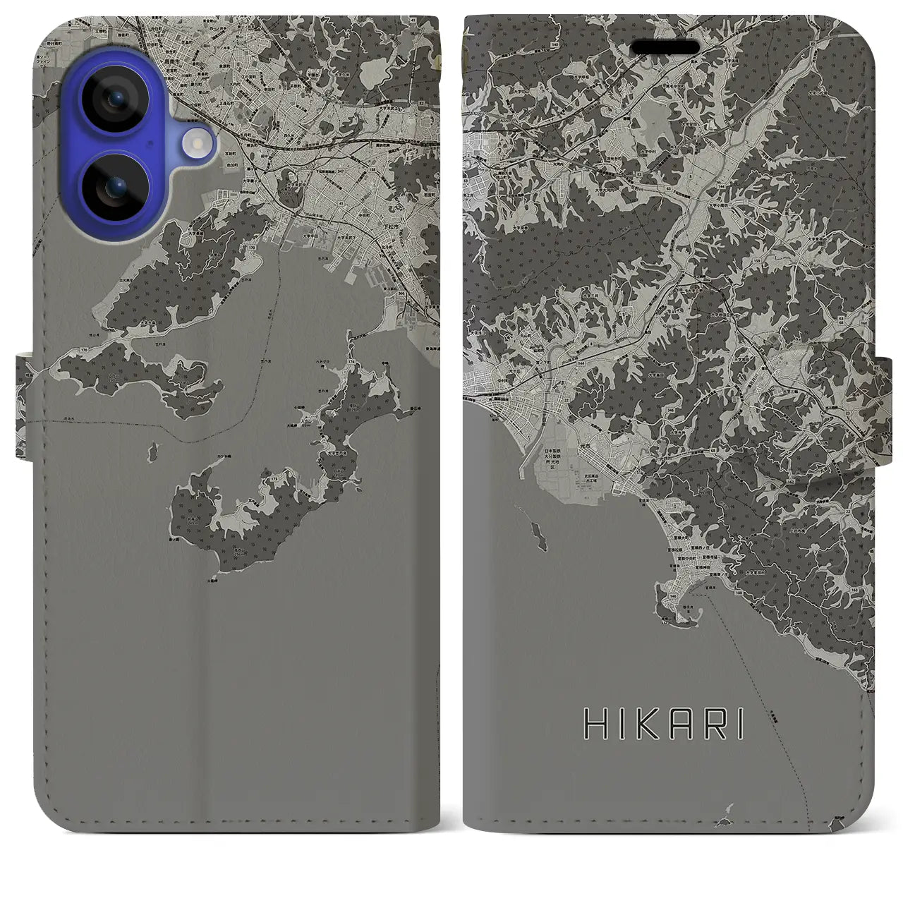 【光(山口県)】地図柄iPhoneケース(手帳タイプ)モノトーン・iPhone 16 Pro Max 用