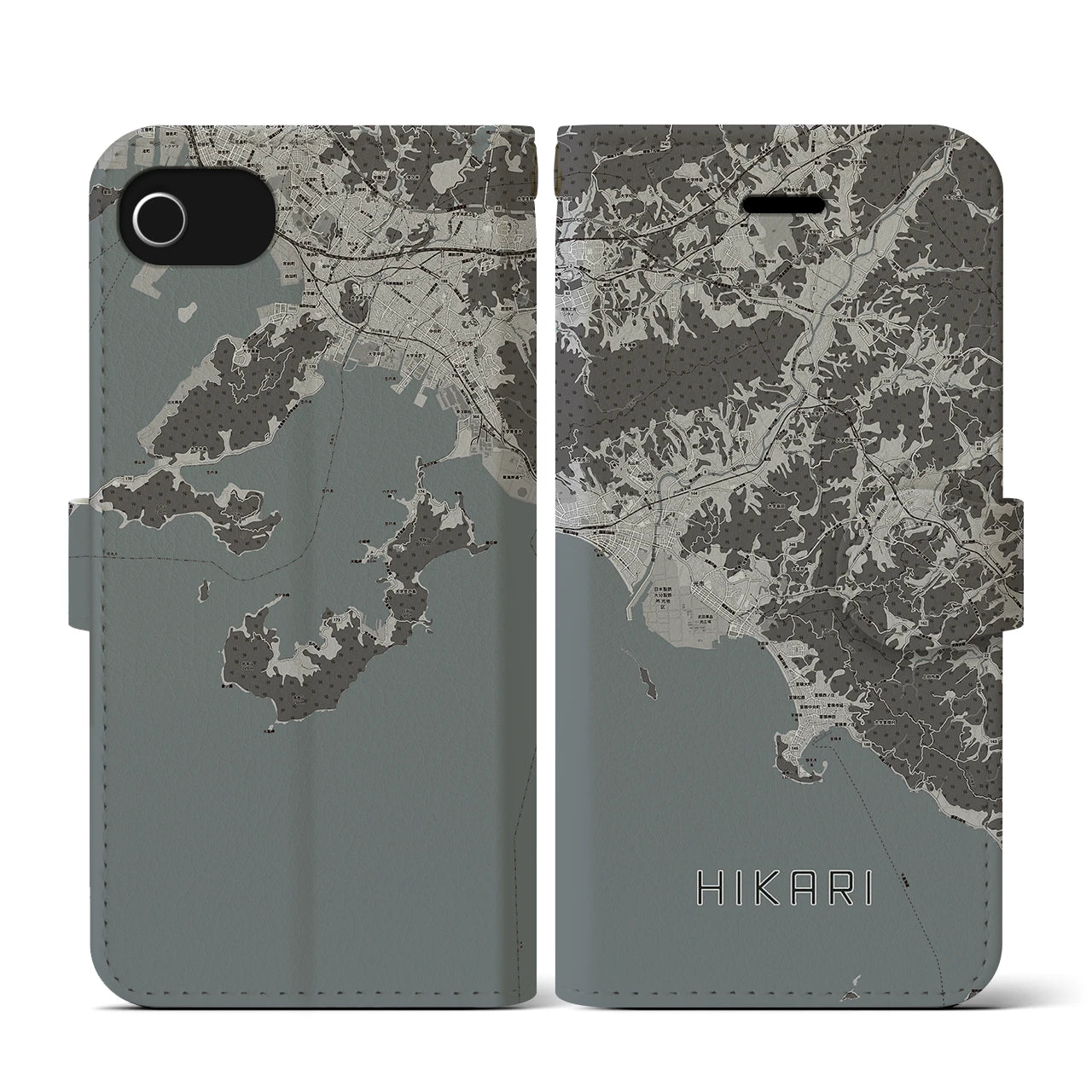 【光(山口県)】地図柄iPhoneケース(手帳タイプ)モノトーン・iPhone SE(第3 / 第2世代) / 8 / 7 / 6s / 6 用