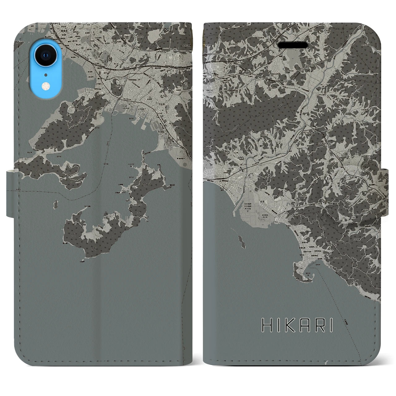 【光(山口県)】地図柄iPhoneケース(手帳タイプ)モノトーン・iPhone XR 用