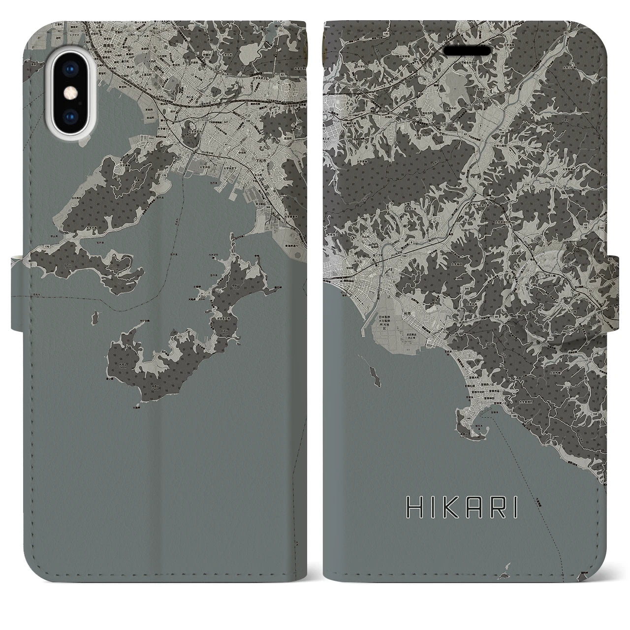 【光(山口県)】地図柄iPhoneケース(手帳タイプ)モノトーン・iPhone XS Max 用