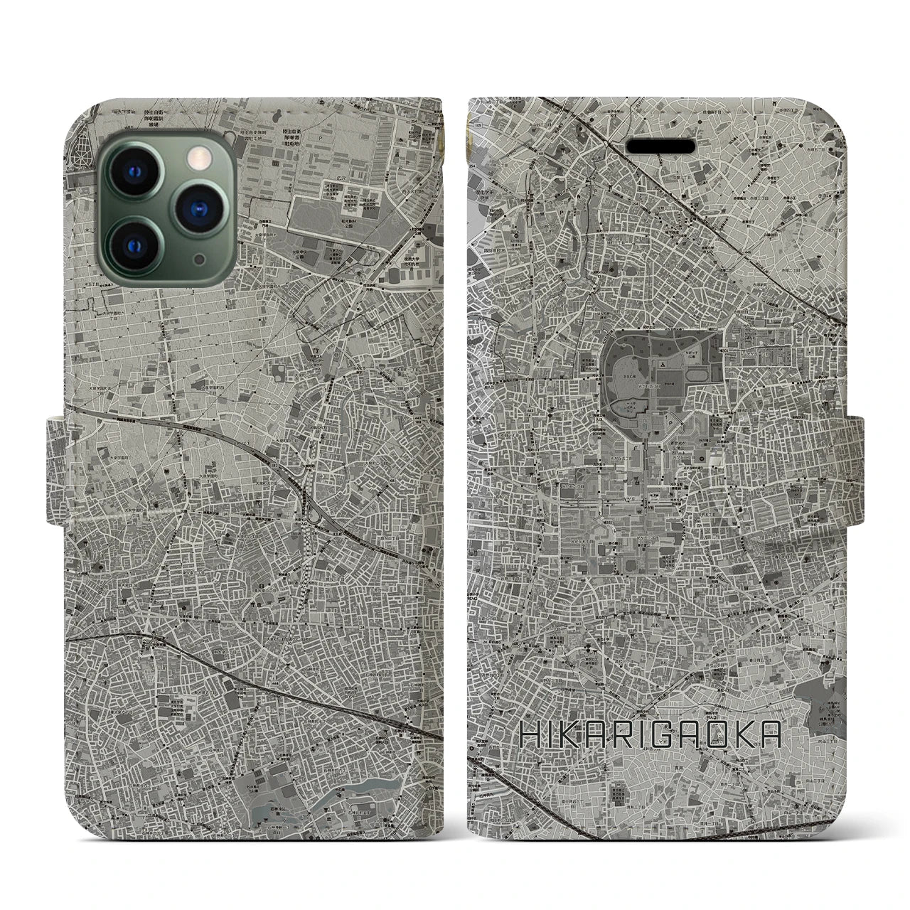 【光が丘(東京都)】地図柄iPhoneケース(手帳タイプ)モノトーン・iPhone 11 Pro 用