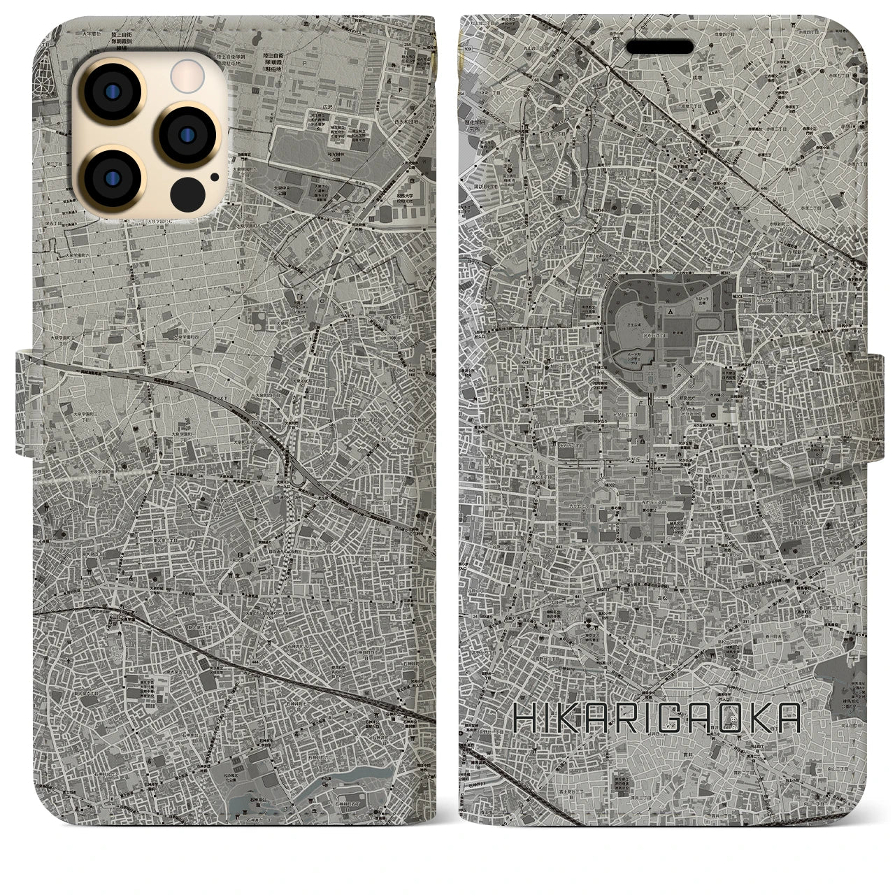 【光が丘(東京都)】地図柄iPhoneケース(手帳タイプ)モノトーン・iPhone 12 Pro Max 用