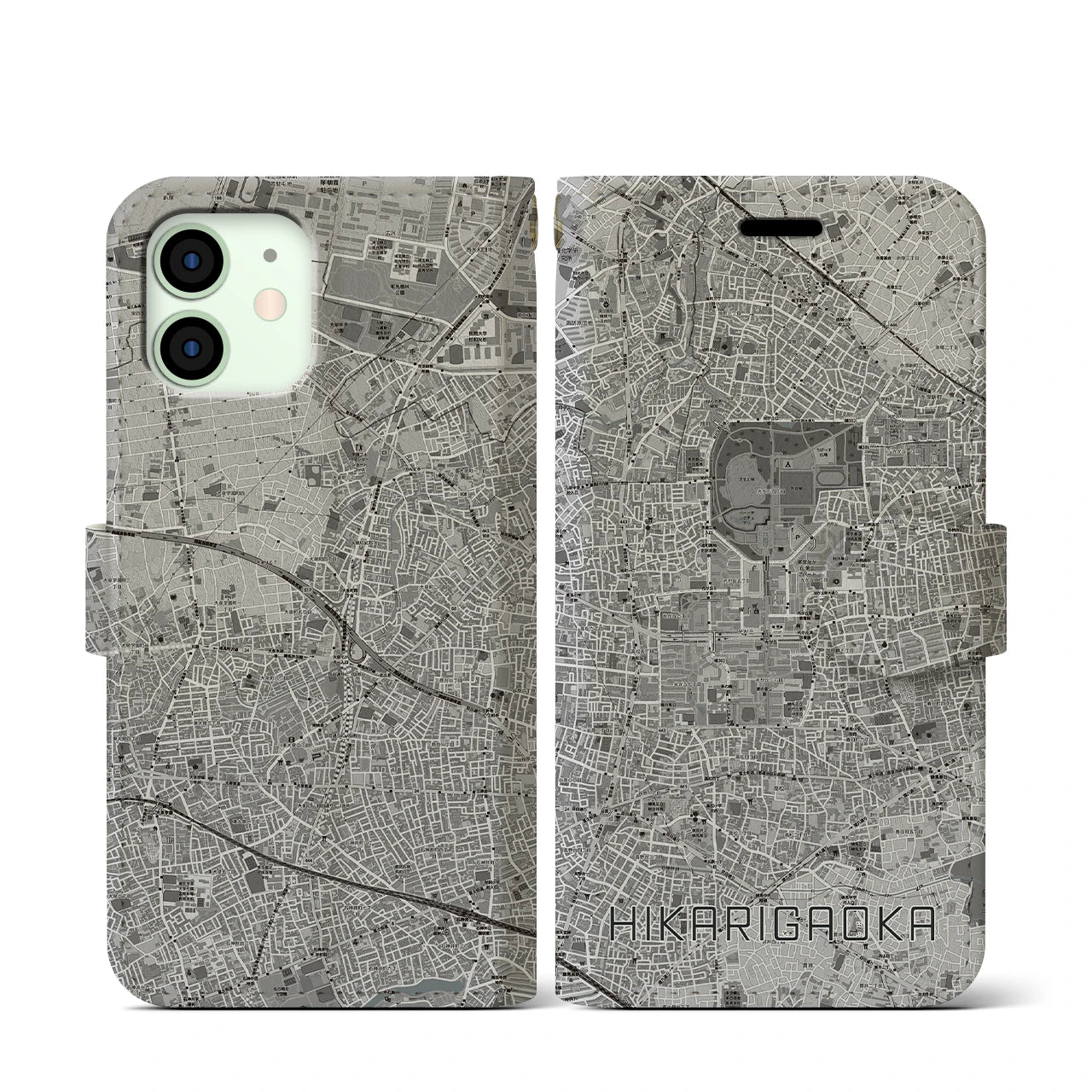 【光が丘(東京都)】地図柄iPhoneケース(手帳タイプ)モノトーン・iPhone 12 mini 用