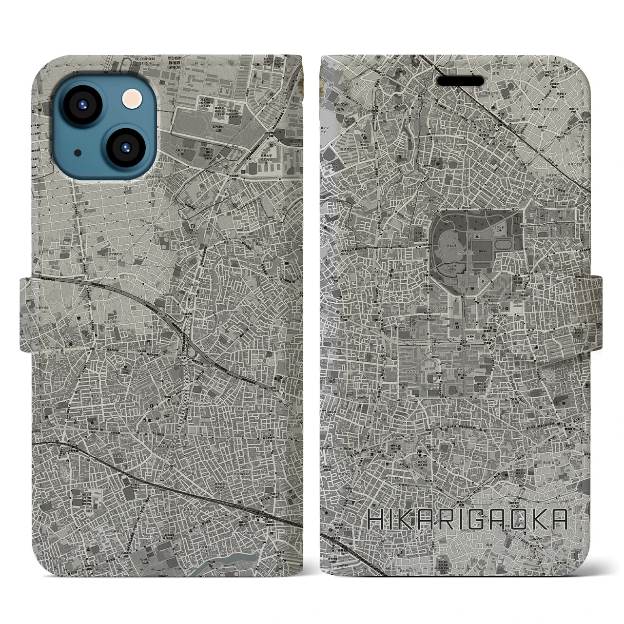 【光が丘(東京都)】地図柄iPhoneケース(手帳タイプ)モノトーン・iPhone 13 用