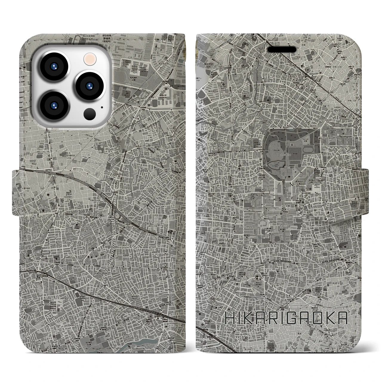 【光が丘(東京都)】地図柄iPhoneケース(手帳タイプ)モノトーン・iPhone 13 Pro 用