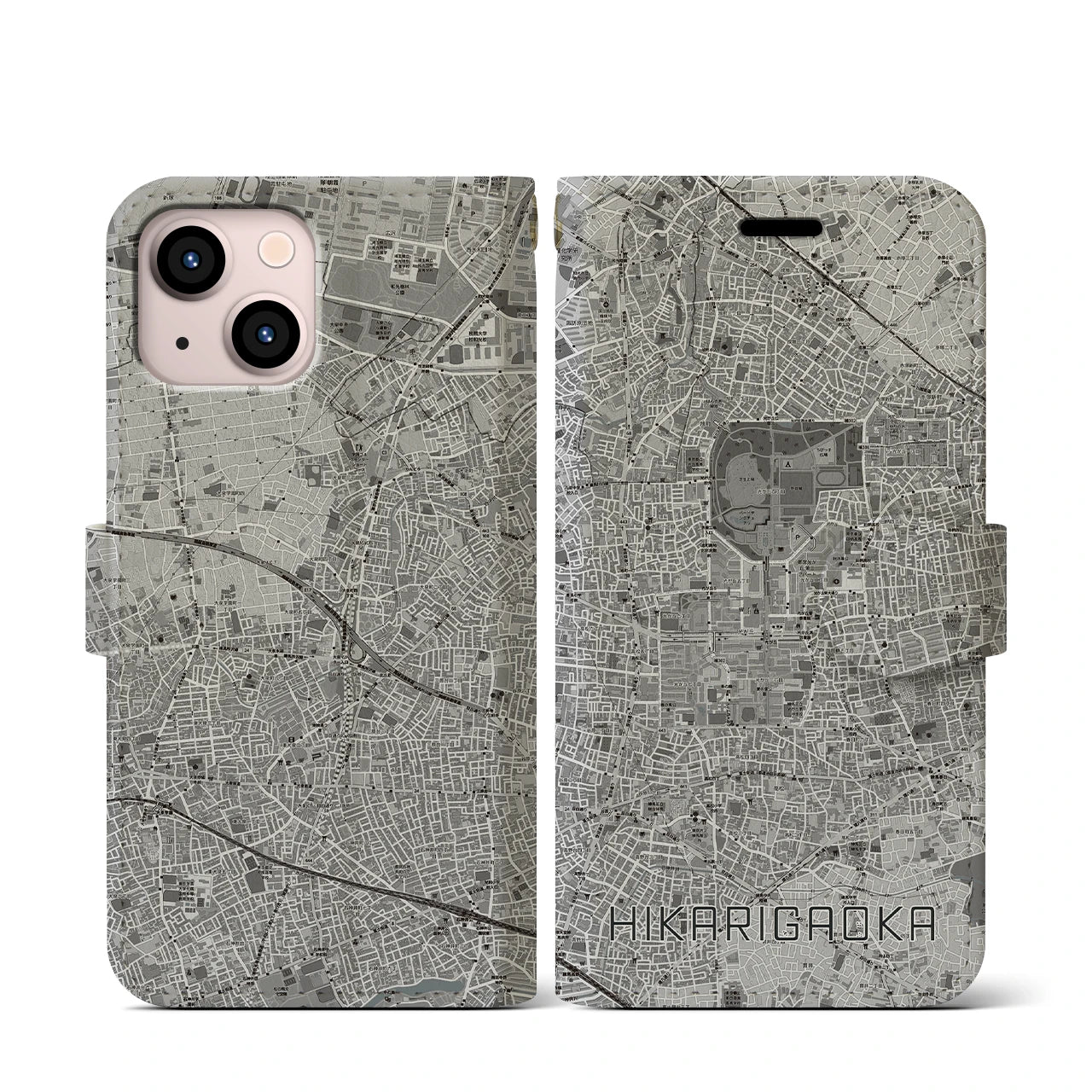 【光が丘(東京都)】地図柄iPhoneケース(手帳タイプ)モノトーン・iPhone 13 mini 用