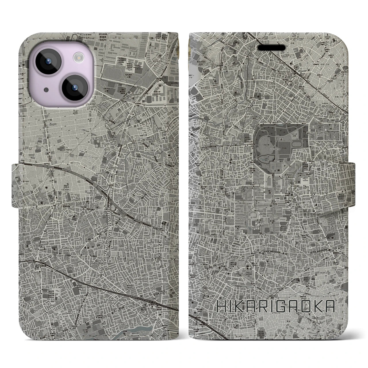 【光が丘(東京都)】地図柄iPhoneケース(手帳タイプ)モノトーン・iPhone 14 用